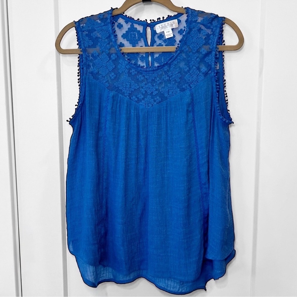 STUDIO PETITE JPR Blue Lace Gauze Tank PXL Layered Hem Boho Coastal - Picture 5 of 17